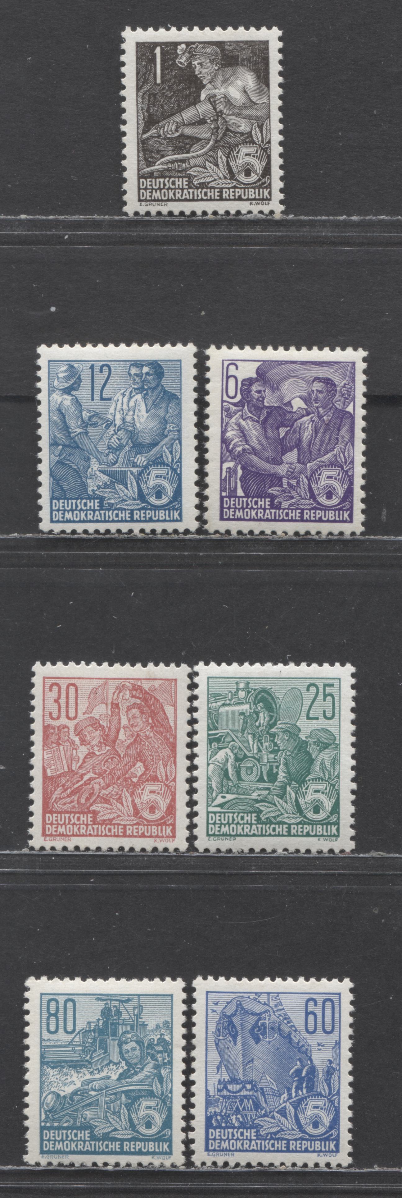 German Democratic Republic Mi#405XII (187)/421XII (203) 1953-1954 5 Year Plan Definitives, 2nd Issue, Type 2 Wmks, 7 VFOG Singles, Click on Listing to See ALL Pictures, Estimated Value $30