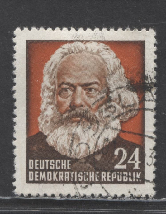 German Democratic Republic Mi#349IIYII (SC# 142) 24pf Multicolored 1953 Karl Marx Issue, Postally Used, Inscription 21.5mm Wide, Sideways Type 2 Wmk, A Very Fine Used Single, Click on Listing to See ALL Pictures, Estimated Value $8