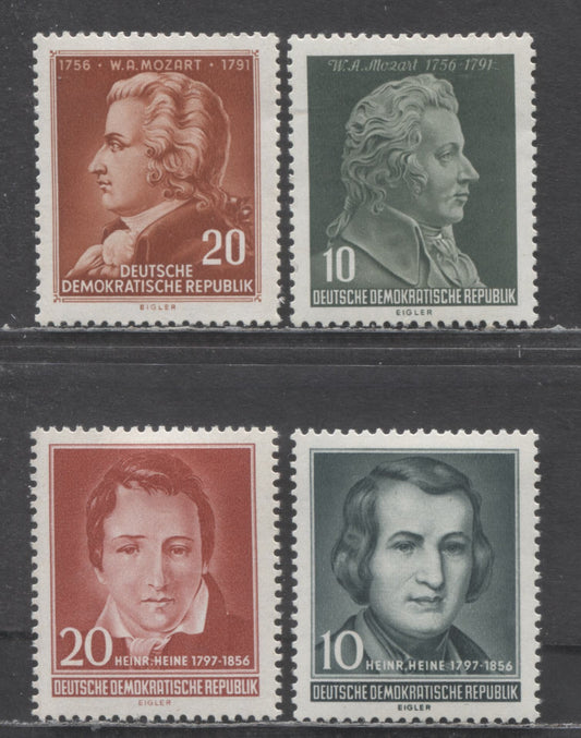 German Democratic Republic Mi#510 (278)/517YII (285) 1956 Mozart & Heinrich Heine Issues, Type 2 Wmks, 4 VFOG Singles, Click on Listing to See ALL Pictures, Estimated Value $15