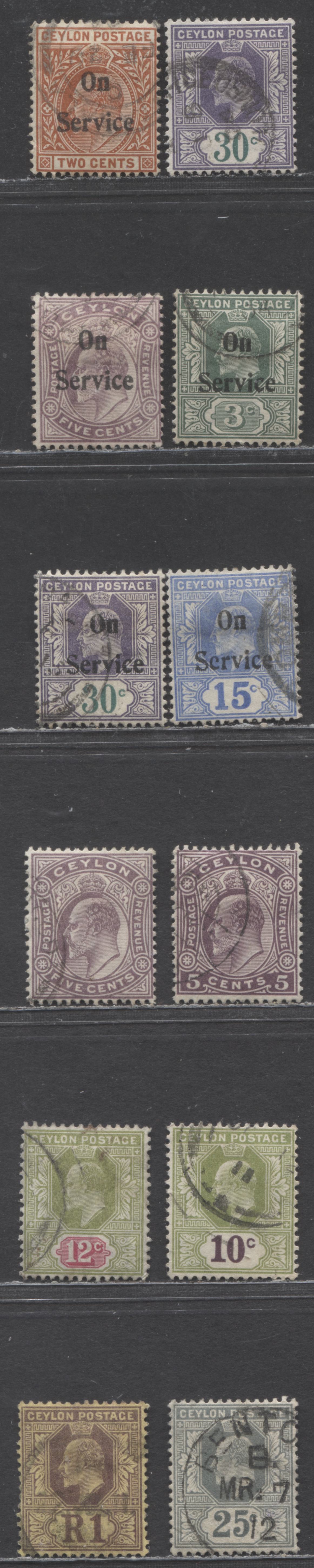 Ceylon SC#174/O22 1903-1910 King Edward VII Issue, Crown CA & Multiple Crown CA Wmks, 12 Fine/Very Fine Used Singles, Click on Listing to See ALL Pictures, Estimated Value $28