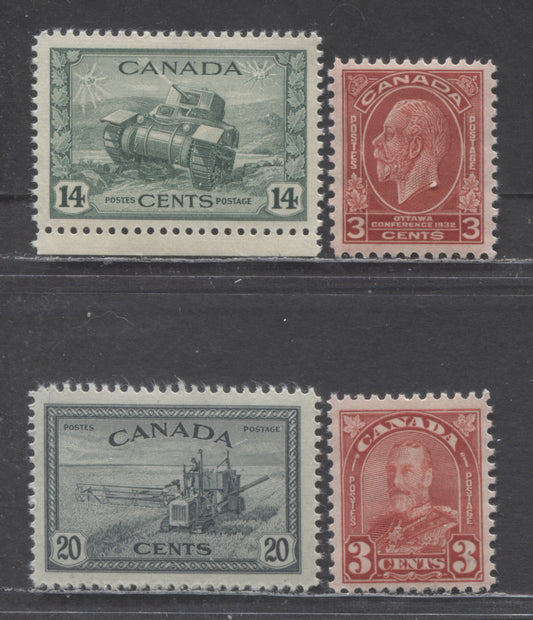 Canada #167, 192, 259, 271 3c-20c Deep Red/Slate Black King George V, Ram Tank & Combine Harvester, 1930-1946 Arch/Leaf, Medallion, War & Peace Issues, 4 VFNH Singles On Horizontal Ribbed Paper & Cream Gum