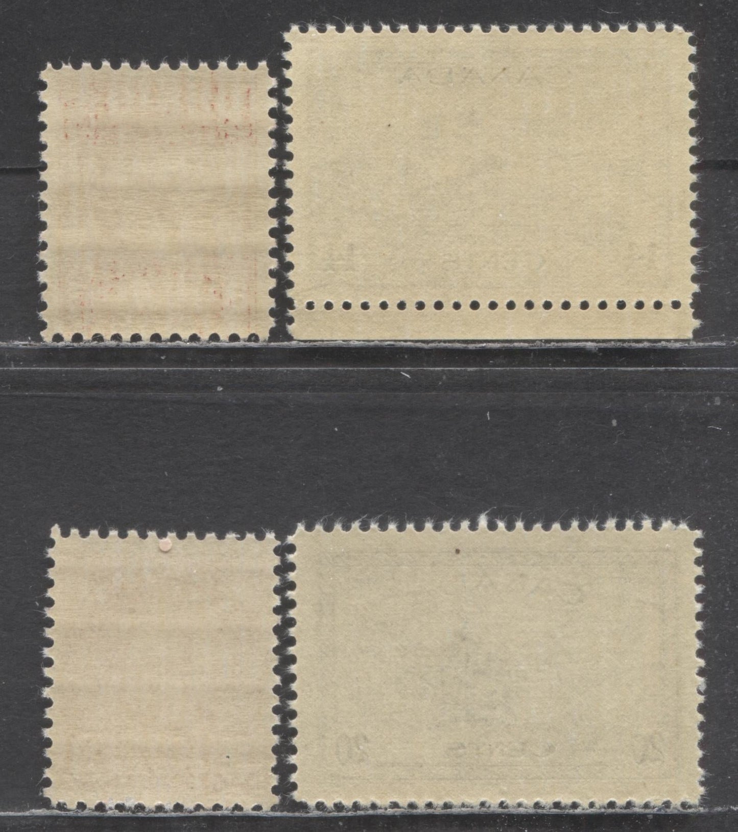 Canada #167, 192, 259, 271 3c-20c Deep Red/Slate Black King George V, Ram Tank & Combine Harvester, 1930-1946 Arch/Leaf, Medallion, War & Peace Issues, 4 VFNH Singles On Horizontal Ribbed Paper & Cream Gum