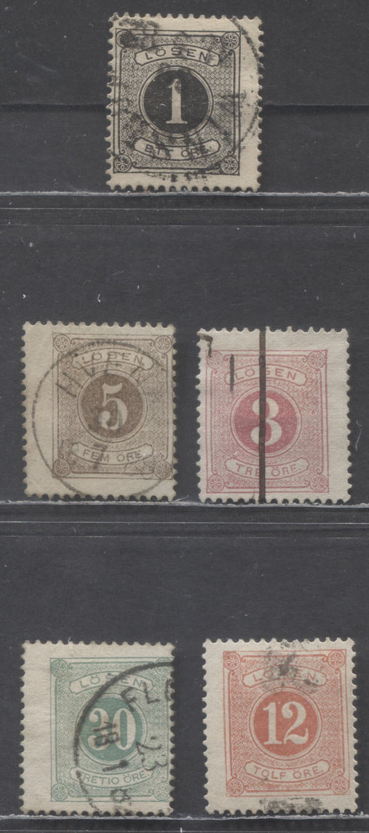 Sweden SC#J12,J13,J14,J16,J20 1877-1886 Postage Due Issue, Perf 13, 5 VG-F Used SIngles, Click on Listing to See ALL Pictures, Estimated Value $17 USD