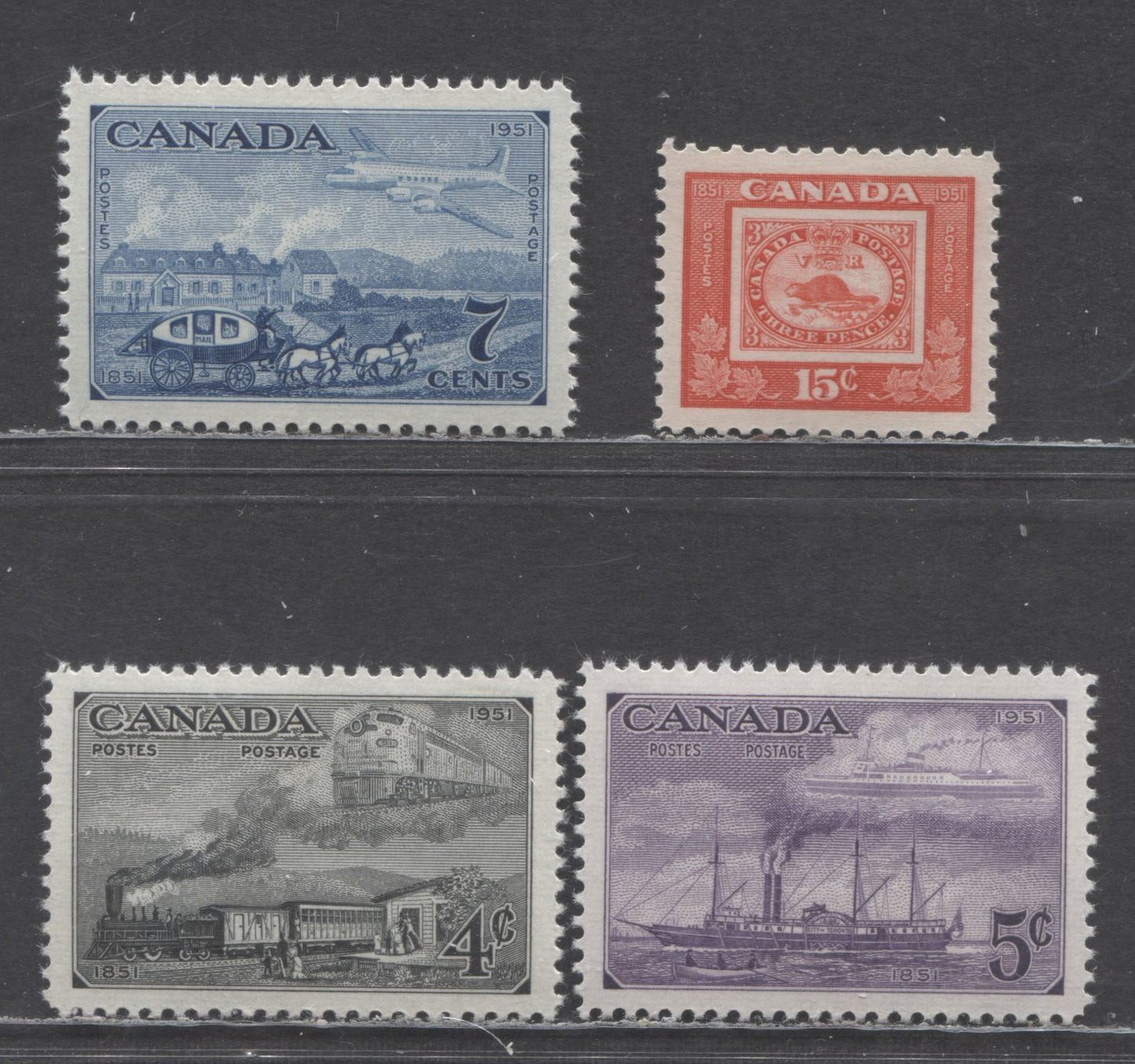 Canada #311-314 4c-15c Dark Gray - Bright Red Trains - Three Penny Beaver, 1951 Stamp Centenary, 4 VFNH Singles