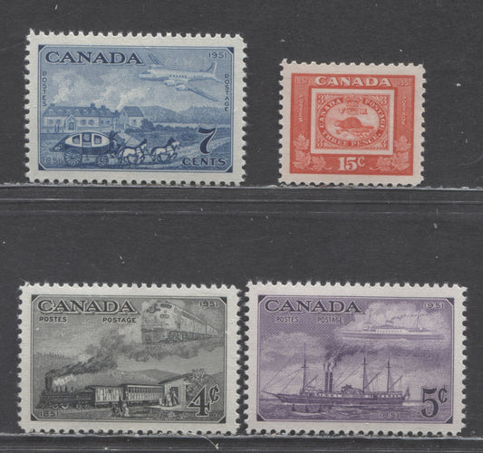 Canada #311-314 4c-15c Dark Gray - Bright Red Trains - Three Penny Beaver, 1951 Stamp Centenary, 4 VFNH Singles