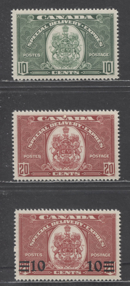 Lot 79 (C) Canada #E7-E9 10c, 20c & 10c on 20c Dark Green & Dark Carmine Coat Of Arms, 1938-1939 Special Delivery Issue, 3 VFNH Singles On Vertical Wove Paper With Yellowish Cream Gum