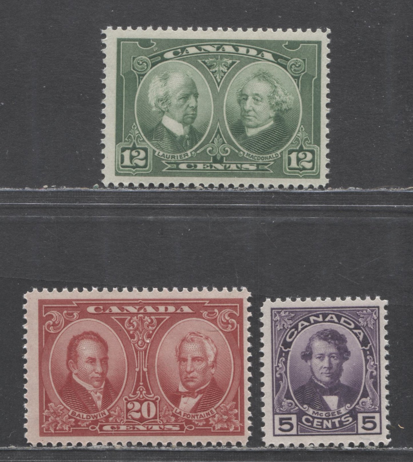 Lot 73 (C) Canada #146-148 5c-20c Violet-Brown Carmine Laurier & Macdonald - Baldwin & Lafontaine, 1927 Historical Issue, 3 FNH Singles