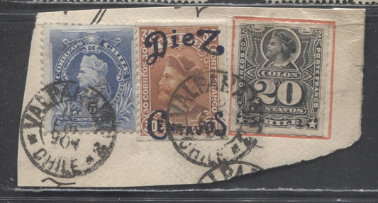 Chile SC#31/57 1878-1903 Columbus Issues, Used On Piece, Feb 1904 Calaparasio CDS, 3 Very Fine Used Singles, Estimated Value $3