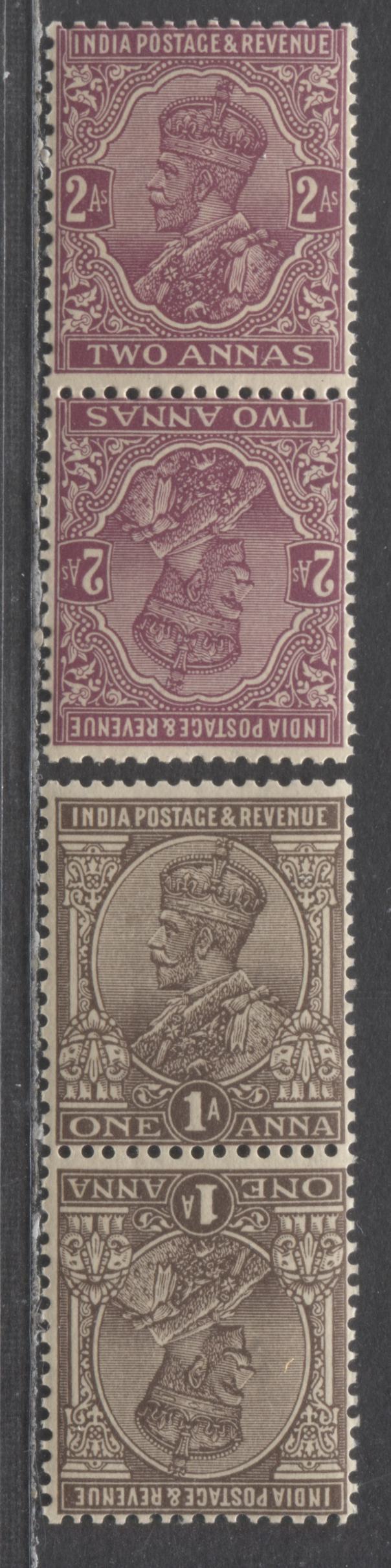 India SG#203a (SC# 108a)/206a (SC# 110avar) 1926-1936 King George V Issue, 1A Has Inverted Wmk, 2 FNH Tete-Beche Pairs, Estimated Value $15