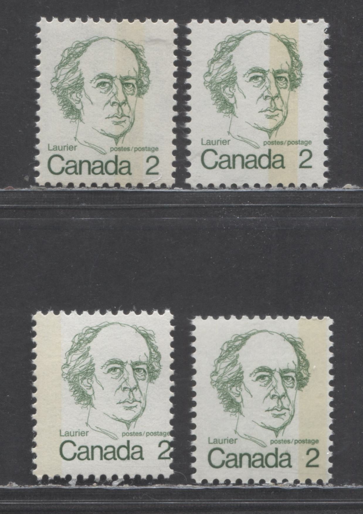 Lot 26 Canada #587iT1a, 587T3a, 587iiT3, 587T2 2c Green Sir Wilfrid Laurier, 1972-1977 Caricature Definitives, 4 VFNH Singles With Various 1 Bar Tagging Errors