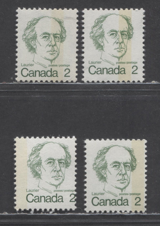 Lot 26 Canada #587iT1a, 587T3a, 587iiT3, 587T2 2c Green Sir Wilfrid Laurier, 1972-1977 Caricature Definitives, 4 VFNH Singles With Various 1 Bar Tagging Errors