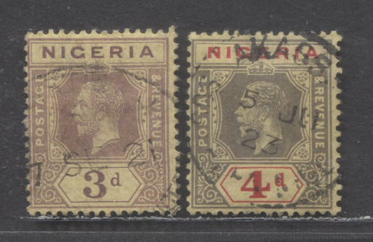 Nigeria SC#5e (SC# 5)-6e (SC# 6) 1921 King George V Imperium Keyplates, Wmk Multiple Crown CA, On Yellow Paper With Pale Yellow Backs, 2 Fine/Very Fine Used SIngles, Click on Listing to See ALL Pictures, Estimated Value $25