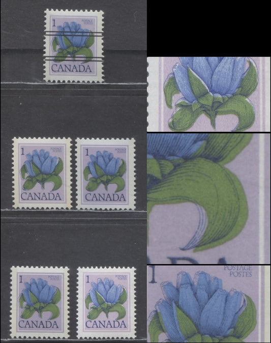 Canada #705, 705xx, 781 1c Lilac & Multicolored Bottle Gentian, 1977-1983 Floral Definitives, 5 VFNH Singles Showing Minor Shifts Of Both The Steel Engraving & Flower Color, Different Paper Types, Tagging Intensities & PVA Gums