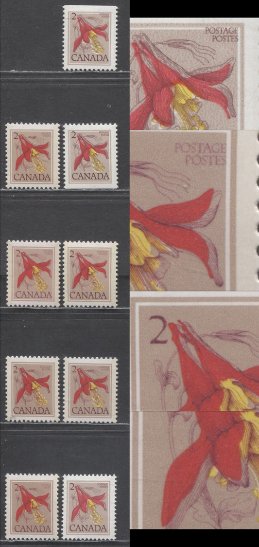 Canada #706var 2c Pale Brown & Multicolored Western Columbine, 1977-1982 Floral Definitives, 9 VFNH Singles With Minor Shifts Of Dark Carmine Inscriptions, Different Paper Types, Satin PVA Gum & Tagging Types