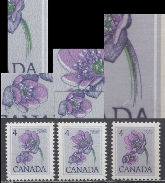 Canada #709784 4c Multicoloured Hepatica, 1977-1983 Floral Definitive Issues, On Different Papers, Showing Shifts Of Both The Engraving & Flower Colours