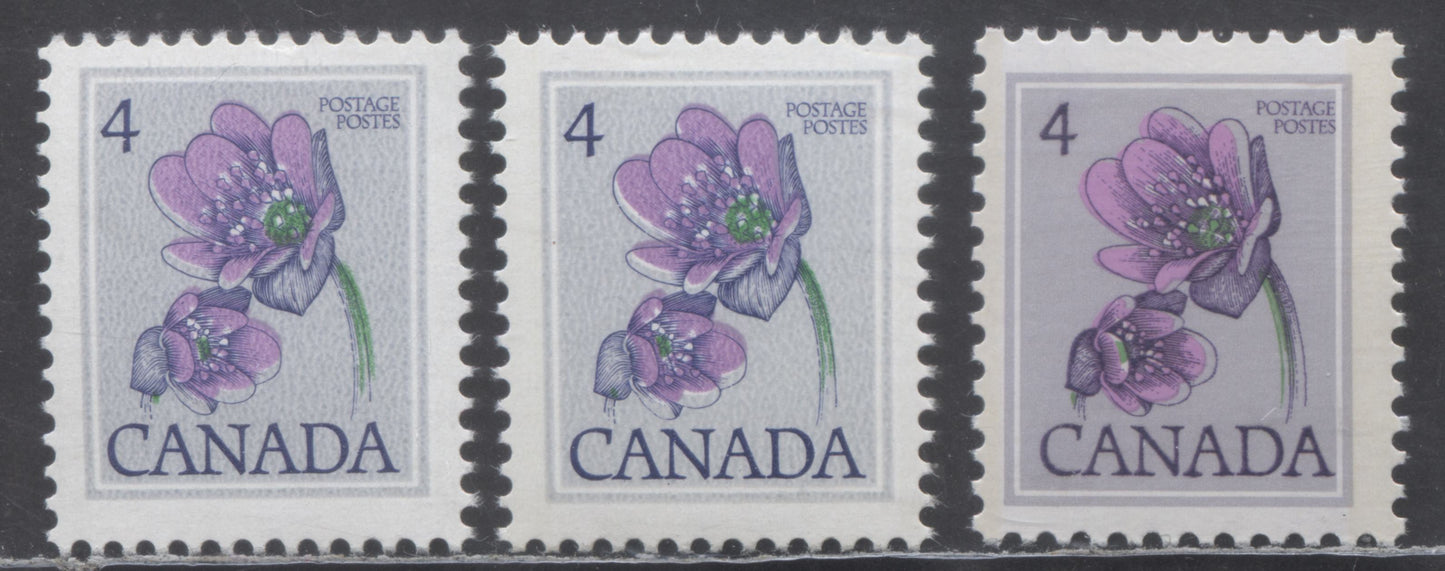 Canada #709784 4c Multicoloured Hepatica, 1977-1983 Floral Definitive Issues, On Different Papers, Showing Shifts Of Both The Engraving & Flower Colours