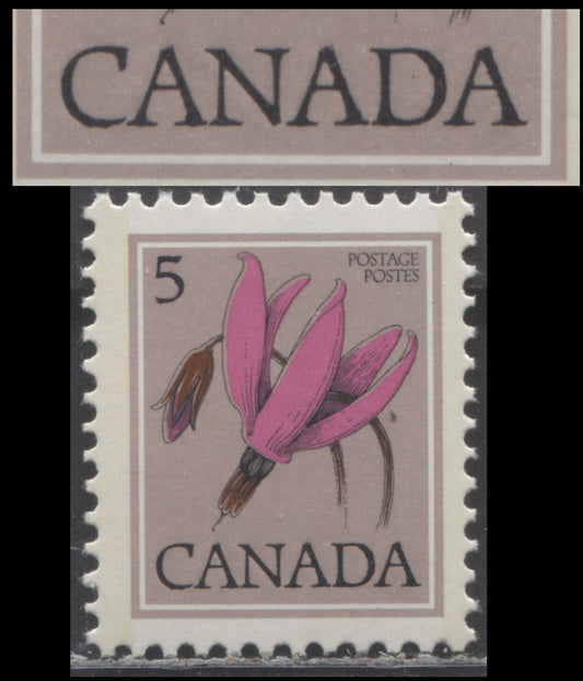 Canada #710var 5c Multicoloured Shooting Star, 1977-1982 Floral Definitive Issue, Double Print Of Canada, Once Albino On DF/DF Bluish White, Light Tagging, Satin PVA