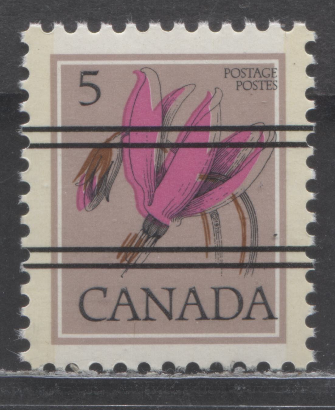 Canada #710xx var 5c Multicoloured Shooting Star, 1977-1982 Floral Definitive Issue, Double Print Of Canada, Once Albino & Doubling Of Flower Stems Due To Dramatic Rightward Shift Of Black