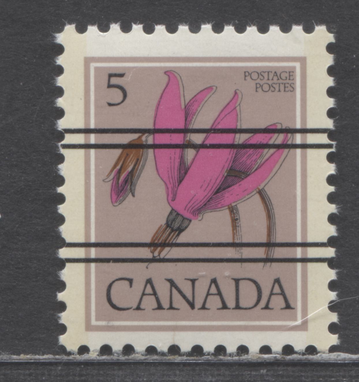 Canada #710xx var 5c Multicoloured Shooting Star, 1977-1982 Floral Definitive Issue,  Canada Doubled, Once Albino, DF/DF Greyish White, Moderate Tagging, Off-White Paper, Satin PVA