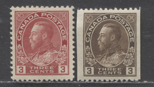 Canada #109, 134 3c Carmine Red & Brown King George V, 1911-1924 Admiral & Coil Issues, 2 VFOG Singles Die 1, And Perf 12 Horizontal