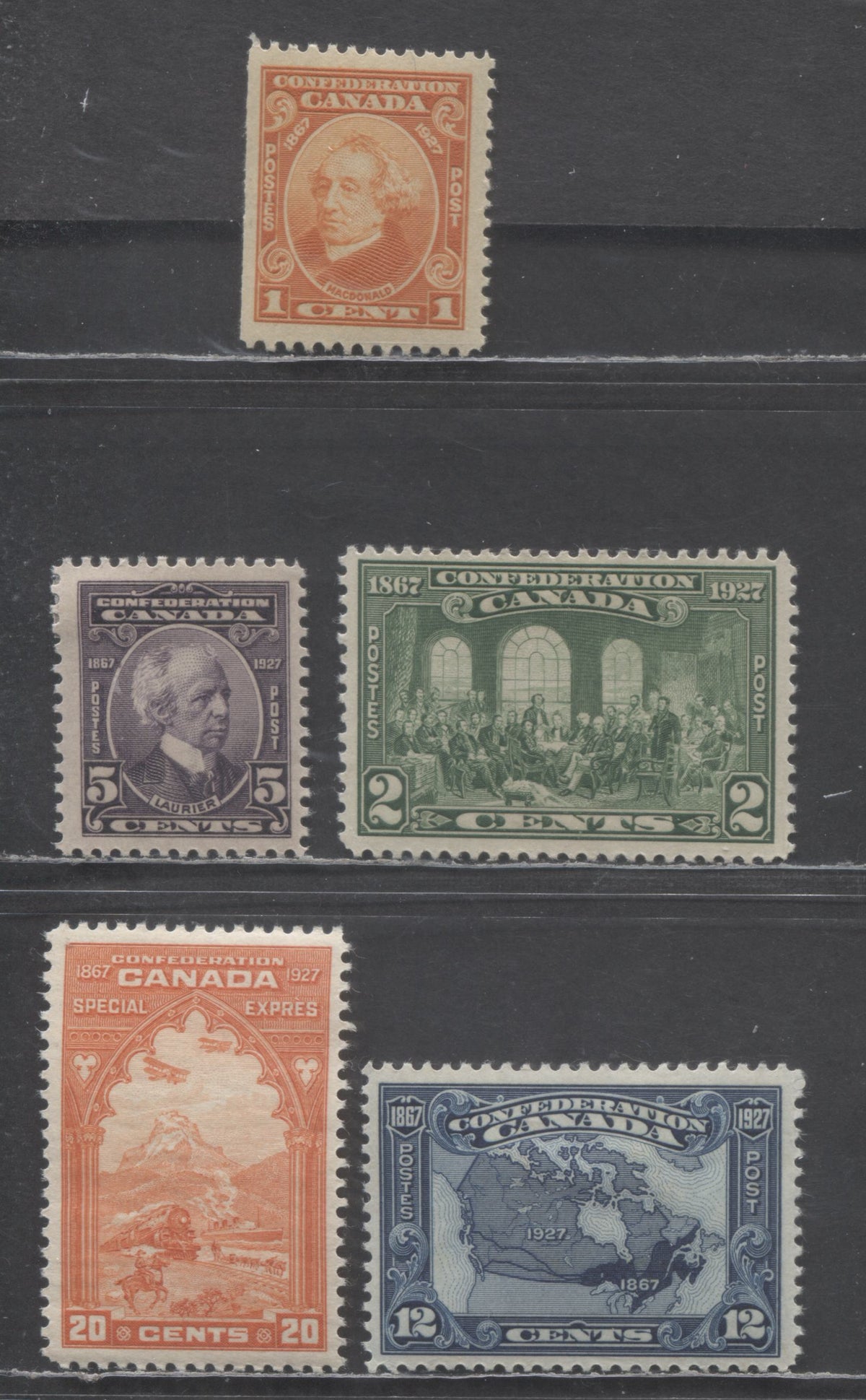 Lot 39 Canada #141-142, 144-145, E3 1c/20c Orange - Blue Sir John A Macdonald - Steamship & Trains, 1927 60th Anniversary Of Confederation & Special Delivery Issues, 5 VFOG Singles