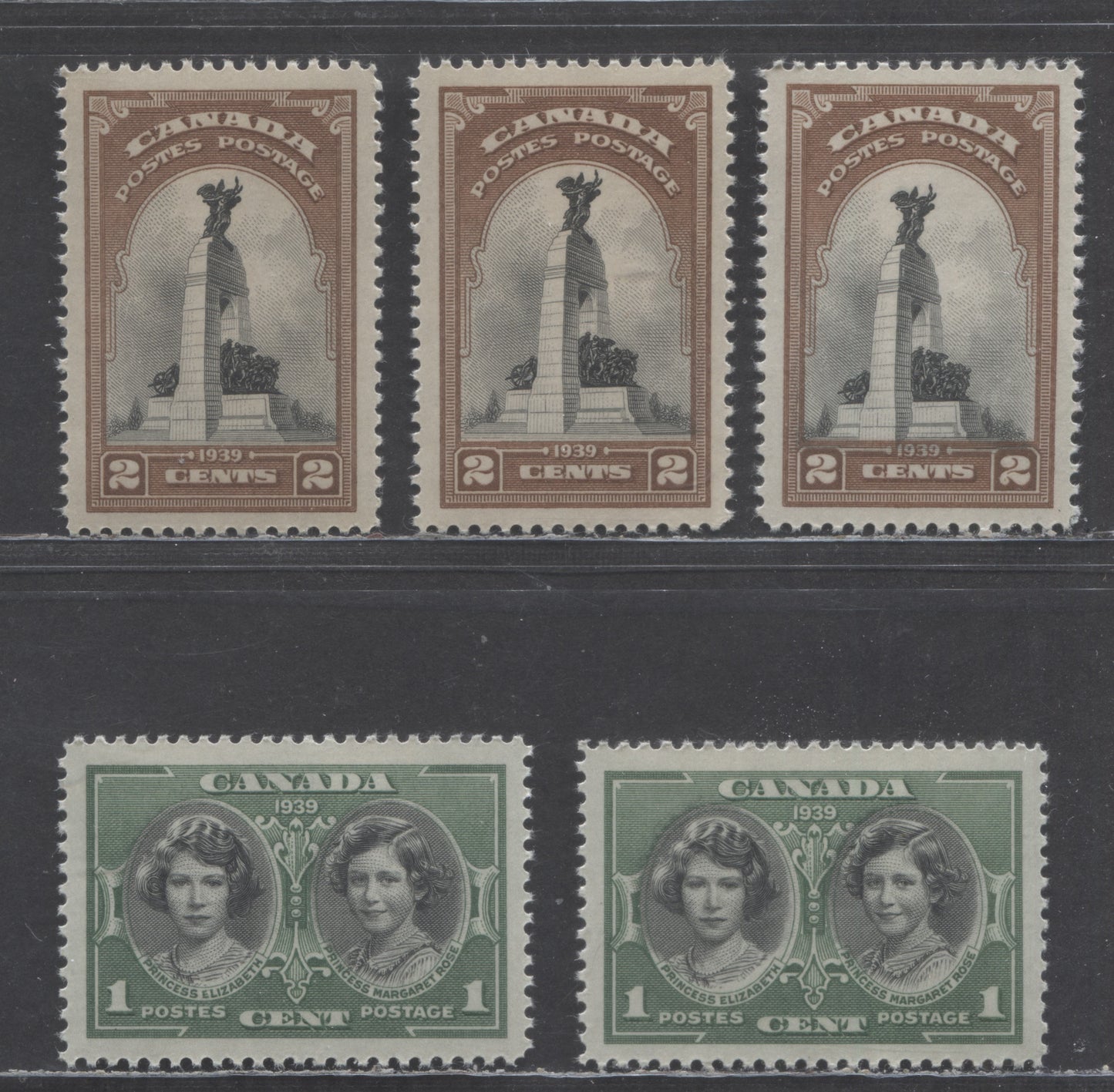 Canada #246, 247var 1c-2c Green/Black - Brown/Black HRH Elizabeth & Margaret - National Memorial, 1939 Royal Visit Issue, 5 VFNH Singles With Major Shifts