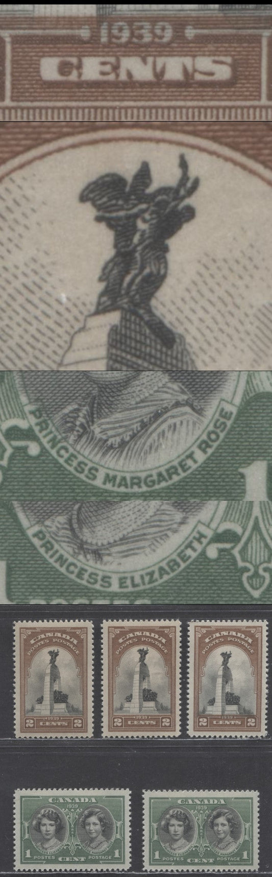 Canada #246, 247var 1c-2c Green/Black - Brown/Black HRH Elizabeth & Margaret - National Memorial, 1939 Royal Visit Issue, 5 VFNH Singles With Major Shifts
