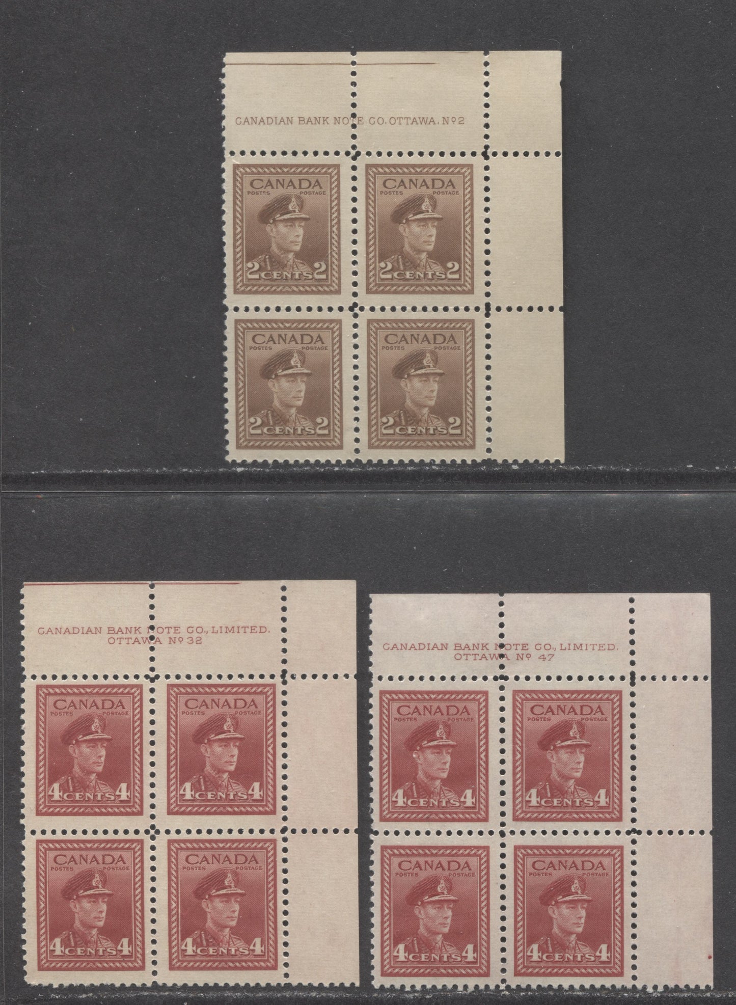 Canada #250, 254 2c, 4c King George VI, 1942-1943 War Issue, 3 FNH UR Plate 32,2,47 Blocks Of 4