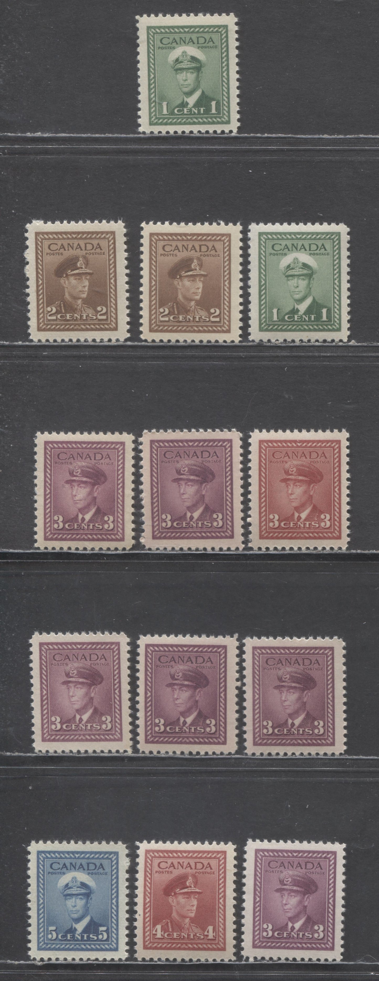 Lot 143 Canada #249-252, 254-255 1c-3c, 4c-5c King George VI, 1942-1943 War Issue, 13 F-VF NH Singles Specialized Group On Both Smooth Vertical Wove And Horizontal Ribbed Papers, Gums Range From Light Cream To Mottled Brownish Cream