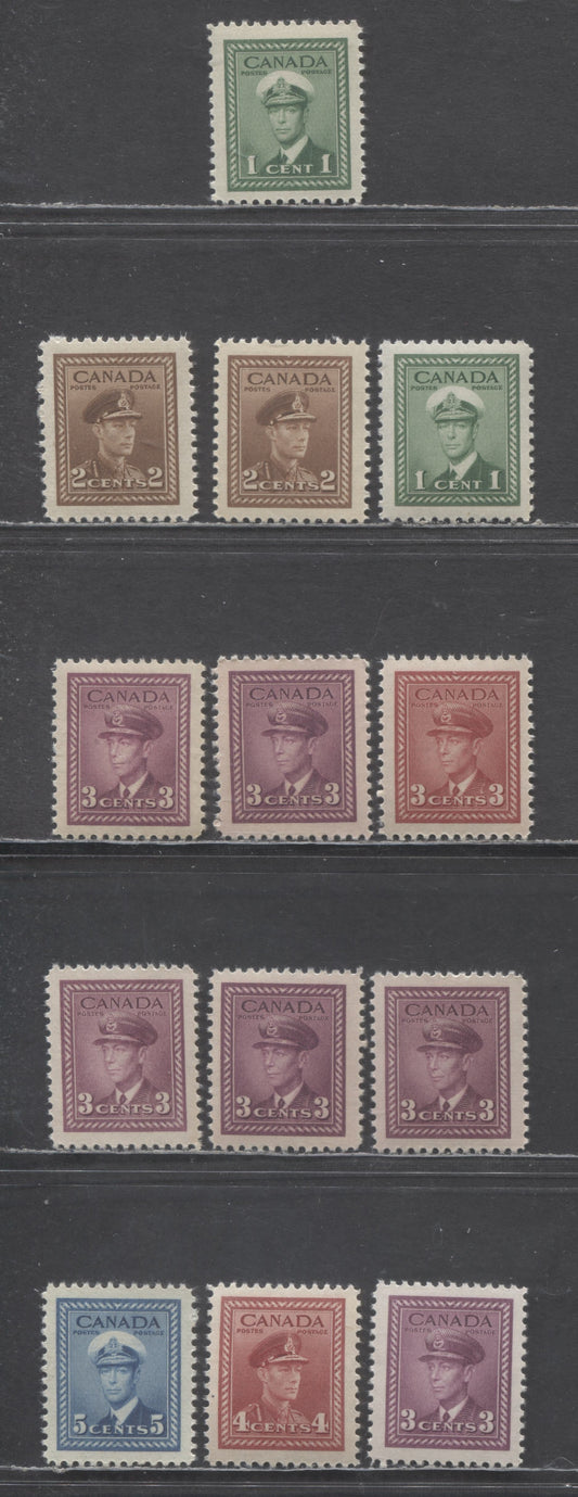 Lot 143 Canada #249-252, 254-255 1c-3c, 4c-5c King George VI, 1942-1943 War Issue, 13 F-VF NH Singles Specialized Group On Both Smooth Vertical Wove And Horizontal Ribbed Papers, Gums Range From Light Cream To Mottled Brownish Cream