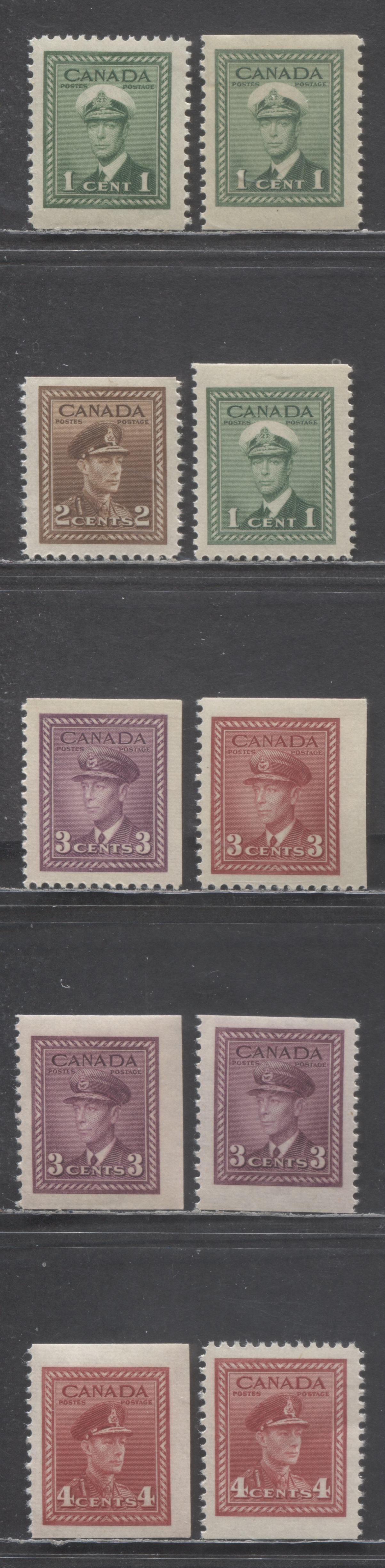 Canada #249as, 249cs, 250-251as, 252as-252bs, 254as-254bs  King George VI, 1942-1943 War Issue, 10 VFNH Booklet Singles Includes 2 Shades Of 252as & Both Smooth Vertical Wove And Horizontal Ribbed Paper On 249as