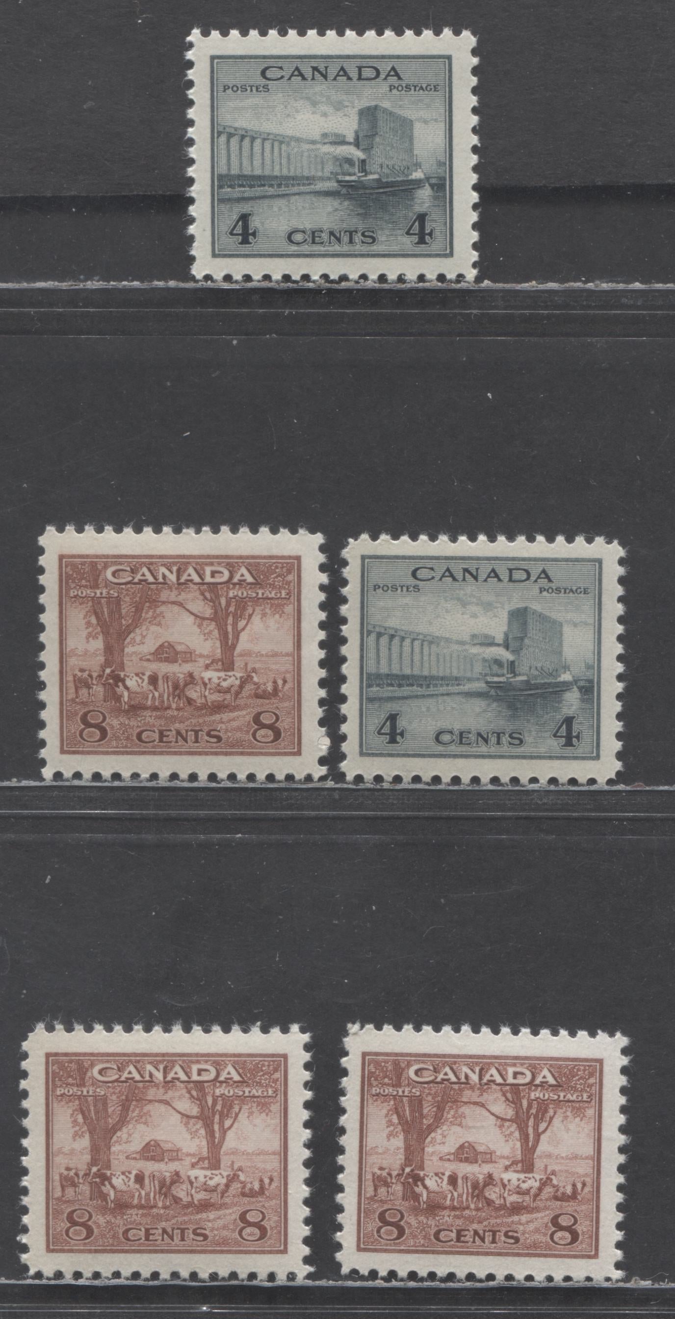 Lot 144 Canada #253, 156 4c,8c Grain Elevator, Farm Scene, 1942-1943 King George VI War Issue, 5 VFNH Singles Two Different Printings Of The 4c and 3 Of the 8c