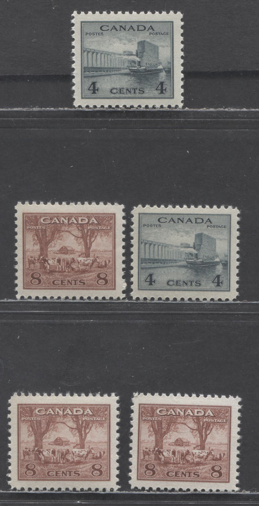 Lot 144 Canada #253, 156 4c,8c Grain Elevator, Farm Scene, 1942-1943 King George VI War Issue, 5 VFNH Singles Two Different Printings Of The 4c and 3 Of the 8c