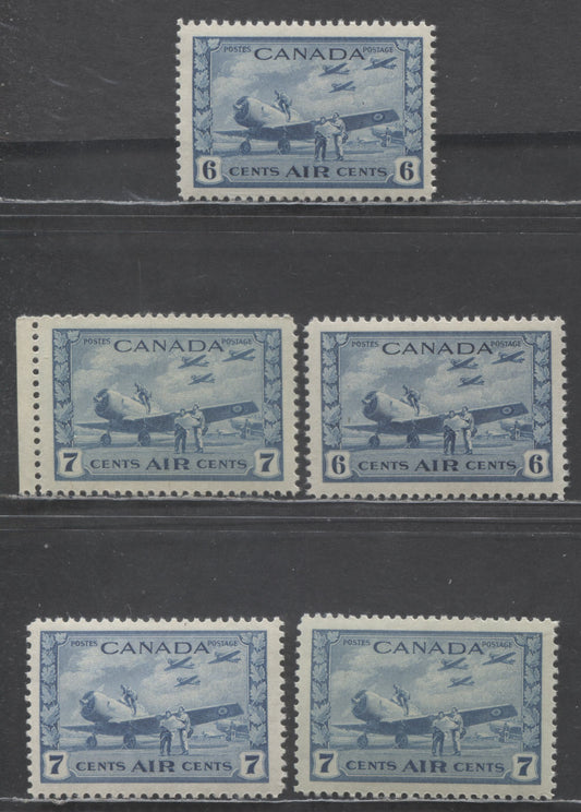 Canada #C7-C8 6c-7c Training Plane, 1942-1943 Air Mail - War Issue, 5 VFNH Singles Two Different Shades Of 6c And 2 Shades & 3 Printings Of The 7c