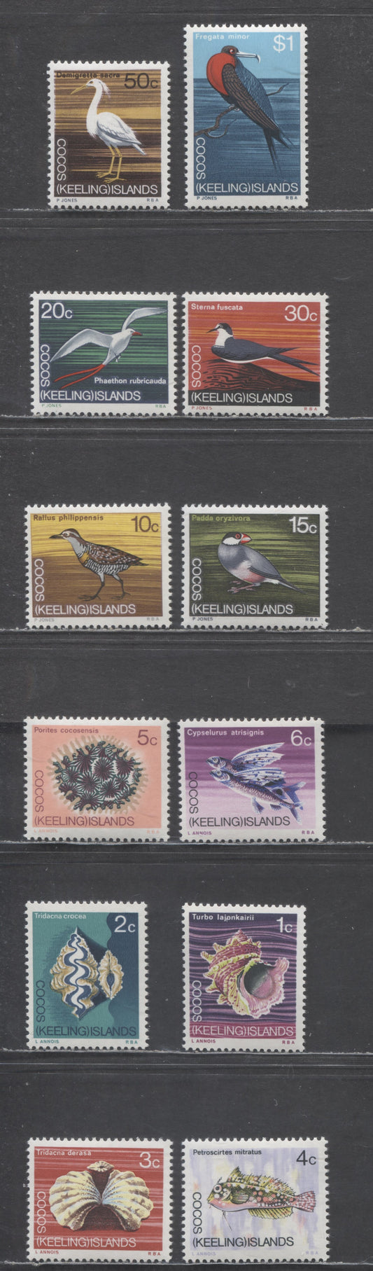 Cocos (Keeling) Islands SC#8-19 1969 Marine Life Definitives, 12 VFOG Singles, Click on Listing to See ALL Pictures, 2017 Scott Cat. $10.4