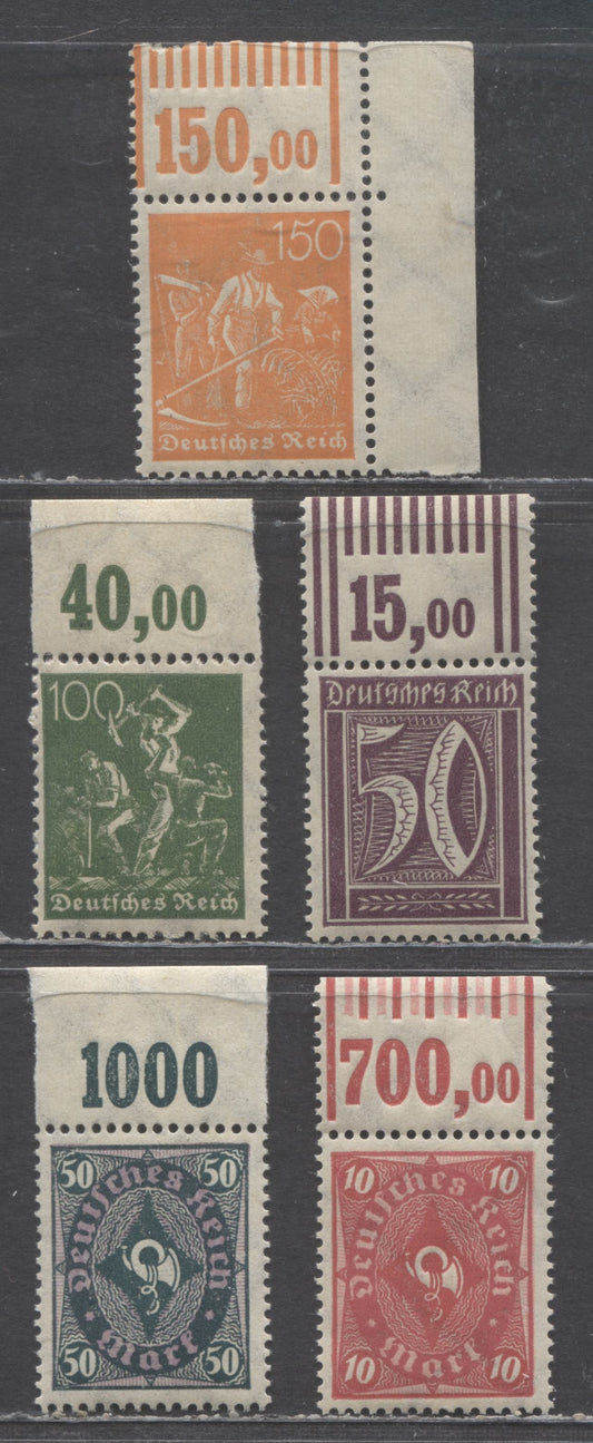 Germany SC#167/184 1921-1922 Numeral Miners, Farmers & Posthorn Issues, 5 F/VFNH Top Sheet Margin Counter Singles, Click on Listing to See ALL Pictures, Estimated Value $10