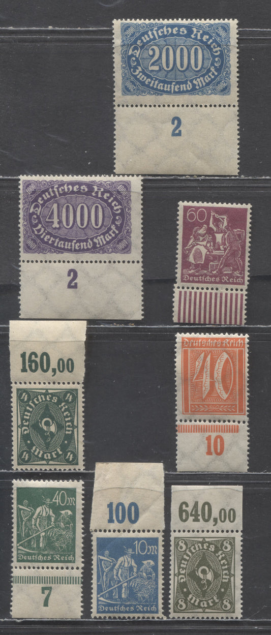 Germany SC#166/227 1921-1923 Numeral, Posthorn & Ironworker/Farmer Definitives, 8 F/VFNH Bottom Sheet Margin Counter Singles, Click on Listing to See ALL Pictures, Estimated Value $15