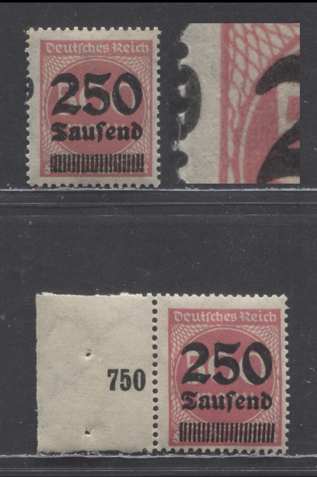 Germany SC#259var 250th m On 500m Pink 1923 Surcharges, Showing Portion Of Row Counter In Margin, 2 VFNH Single & Pair, Click on Listing to See ALL Pictures, Estimated Value $5