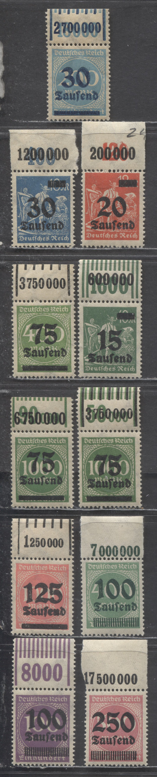 Germany SC#243/259 1923 Surcharges, Showing New Counters Printed Above Old Ones, 11 VFOG Top Sheet Margin Value Counter Singles, Click on Listing to See ALL Pictures, Estimated Value $3