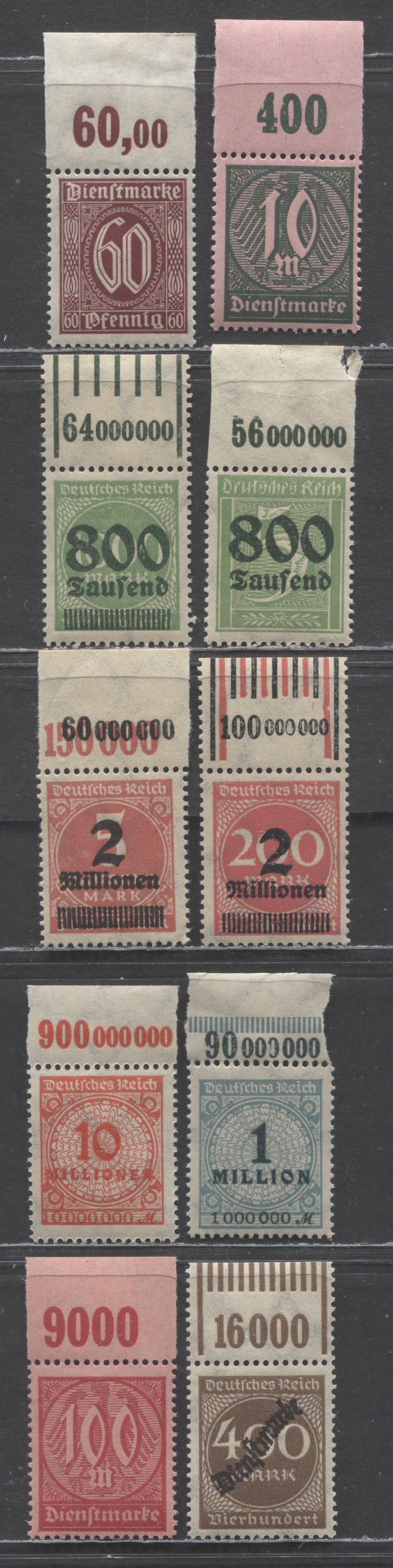 Germany SC#261/O27 1922-1923 Surcharges & Official Issues, 10 F/VFNH Top Sheet Margin Value Counter Singles, Click on Listing to See ALL Pictures, Estimated Value $20