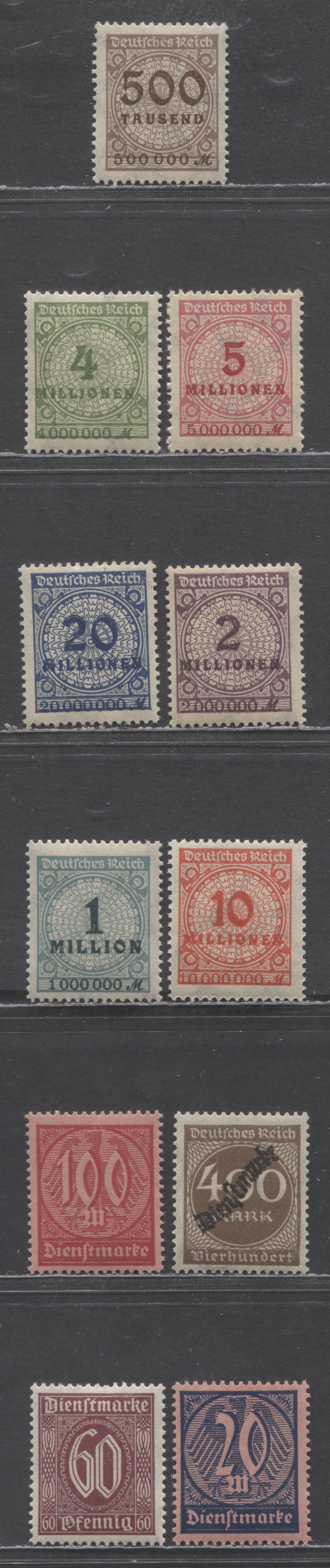 Germany SC#280/O27 1922-1923 Officials & Numeral Definitives, Includes Flat Plate Printings Of The 500th, 1m, 5, & 10m & Rotary Press Printings Of The 2m, 4m & 20m, 11 F/VFNH Singles, 2022 Scott Classic Cat. $8.45