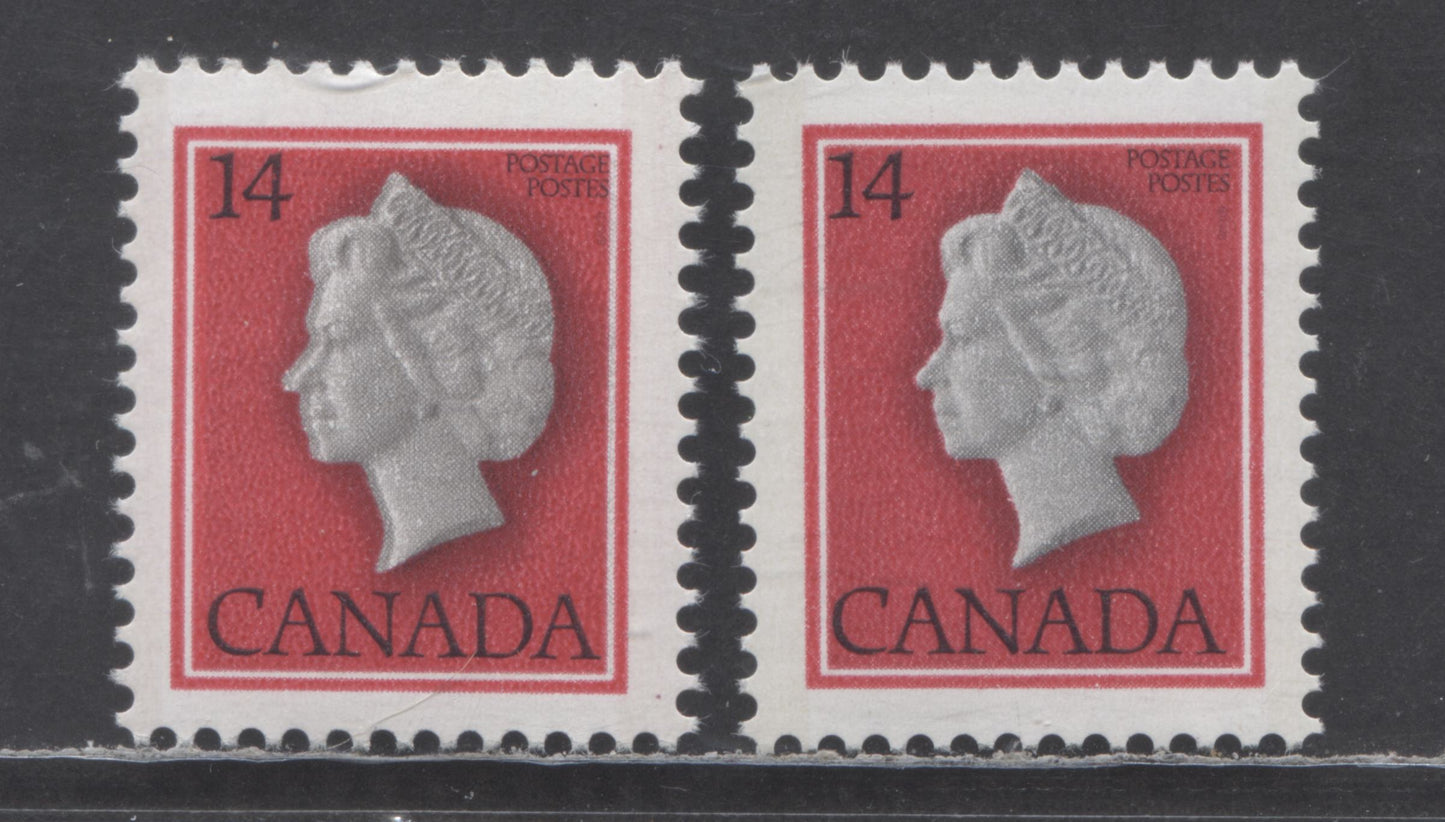 Canada #716iivar 14c Red Queen Elizabeth II, 1977-1982 First Class Definitives, 2 VFNH Singles On DF/LF Paper With Double Cameo With Normal To Compare