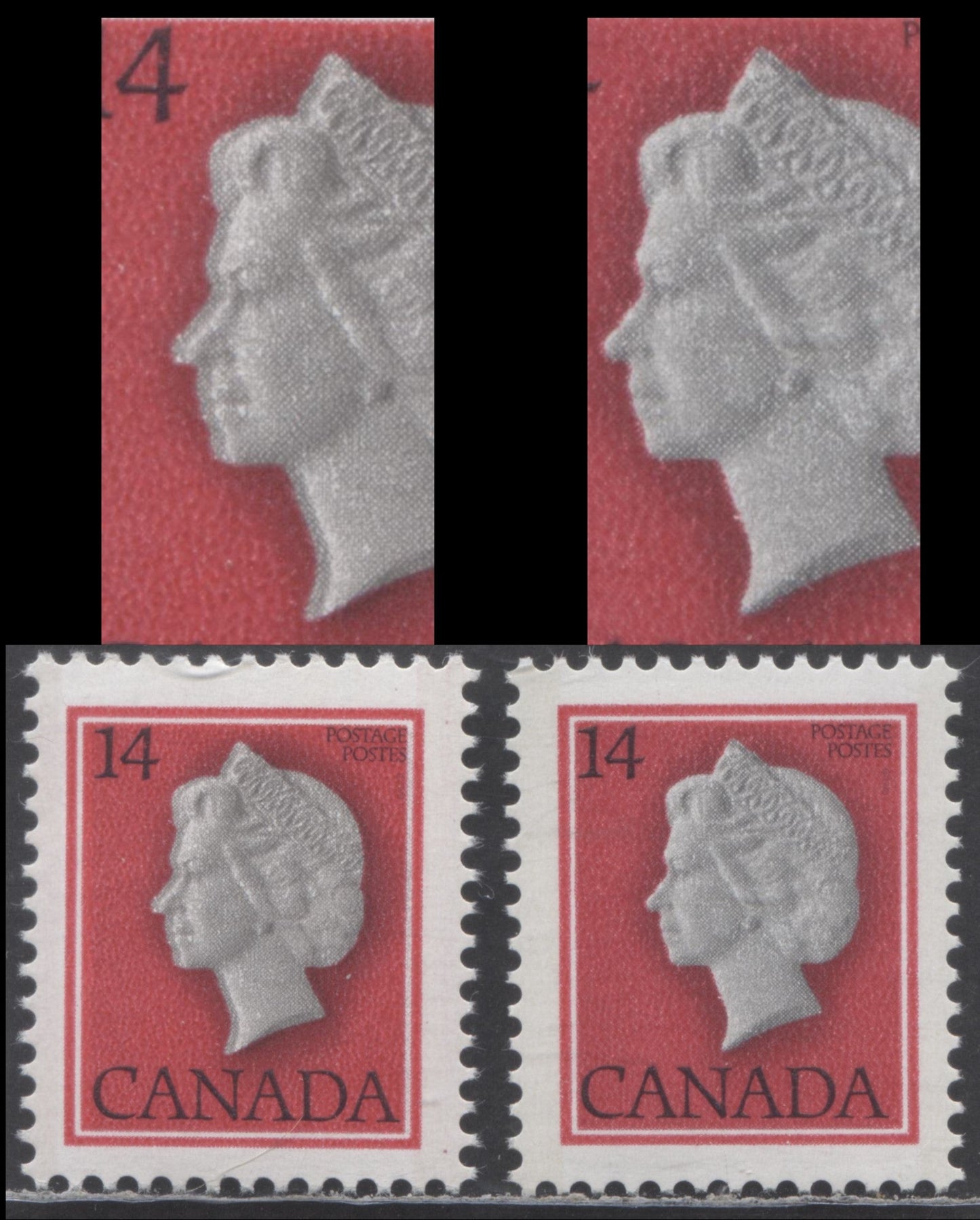 Canada #716iivar 14c Red Queen Elizabeth II, 1977-1982 First Class Definitives, 2 VFNH Singles On DF/LF Paper With Double Cameo With Normal To Compare