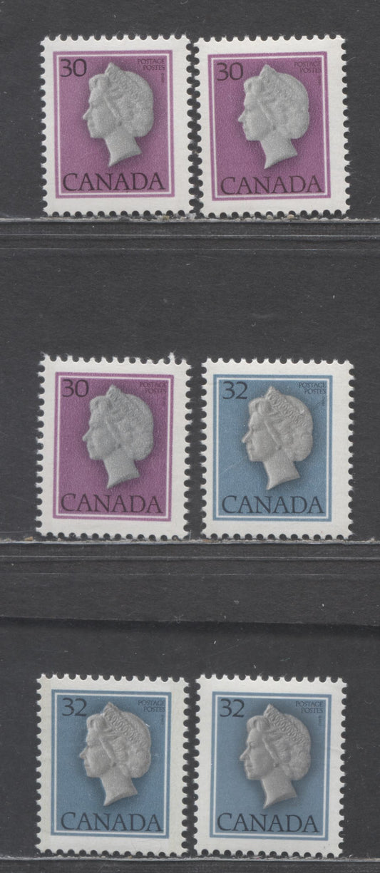 Canada #791, 791iv, 792, 792i  30c & 32c Multicoloured Queen Elizabeth II, 1977-1982 Floral and Environment Issue, 6 VFNH & FNH Singles On Various DF, DF-fl and LF Papers, Including Both Abitibi and Harrison Papers