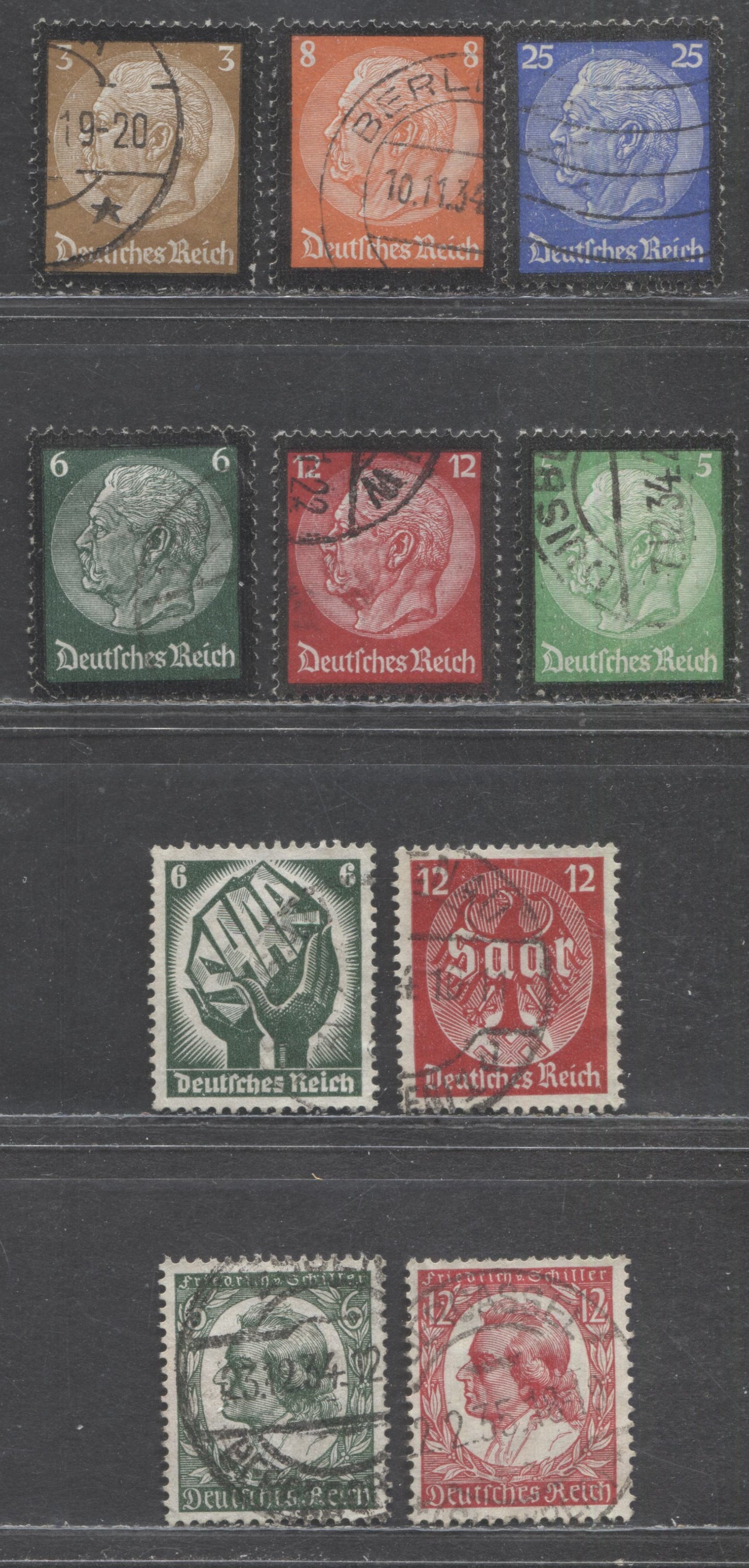 Germany SC#436/447 1934 Hindenburg Memorial - Von Schiller Issues, 10 Fine/Very Fine Used Singles, Click on Listing to See ALL Pictures, Estimated Value $10