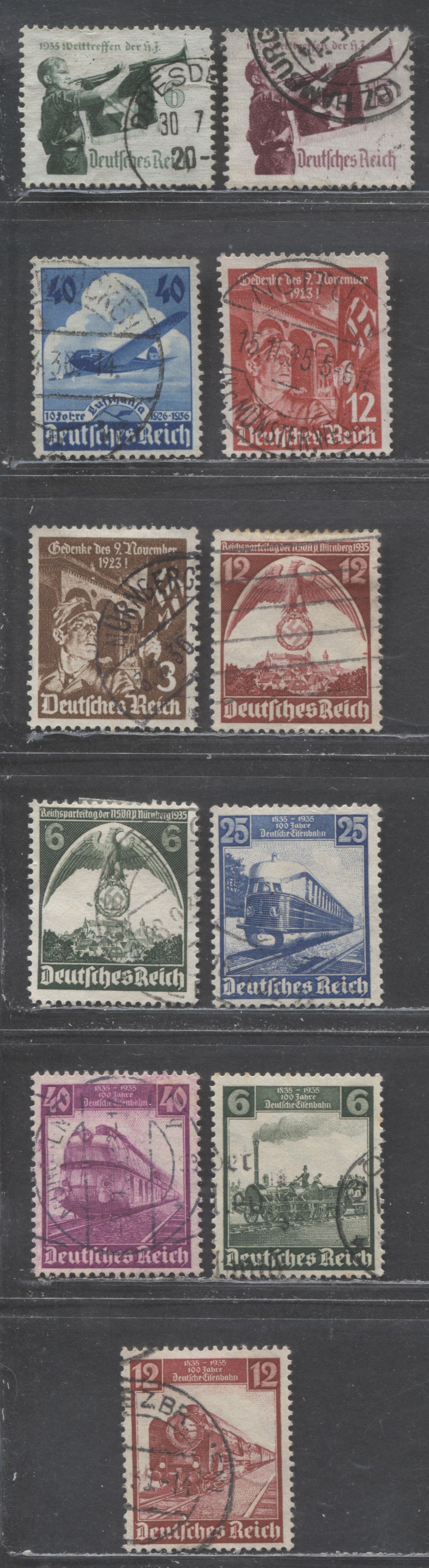 Germany SC#459-469 1935 Railroad Centenary - 10th Anniversary Of Lufthansa Air Service Issues, 11 Fine/Very Fine Used Singles, Click on Listing to See ALL Pictures, Estimated Value $12