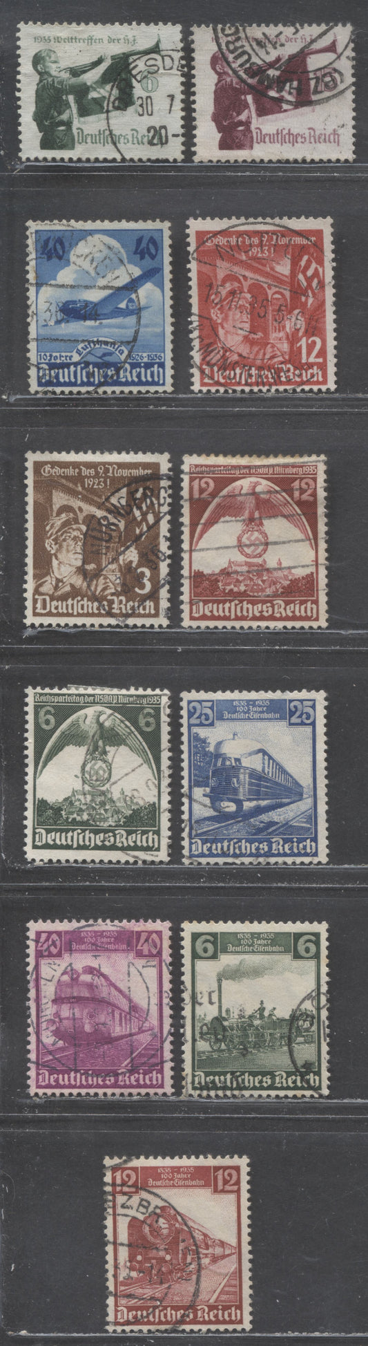 Germany SC#459-469 1935 Railroad Centenary - 10th Anniversary Of Lufthansa Air Service Issues, 11 Fine/Very Fine Used Singles, Click on Listing to See ALL Pictures, Estimated Value $12