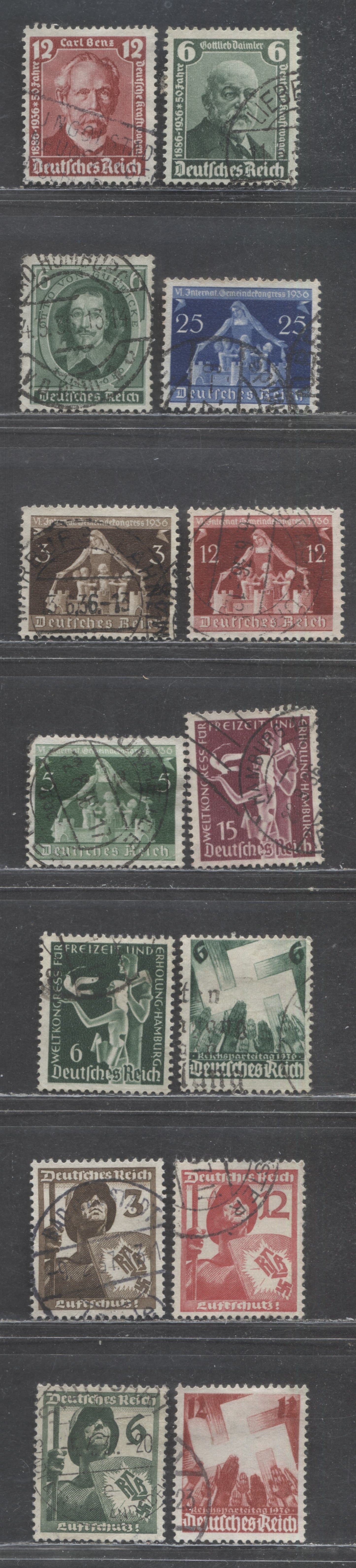 Germany SC#470-483 1936-1937 50th Anniversary Of The Automobile & Motorcyle Show - Air Protection Issues, 14 F/VFOG Singles, Click on Listing to See ALL Pictures, Estimated Value $6