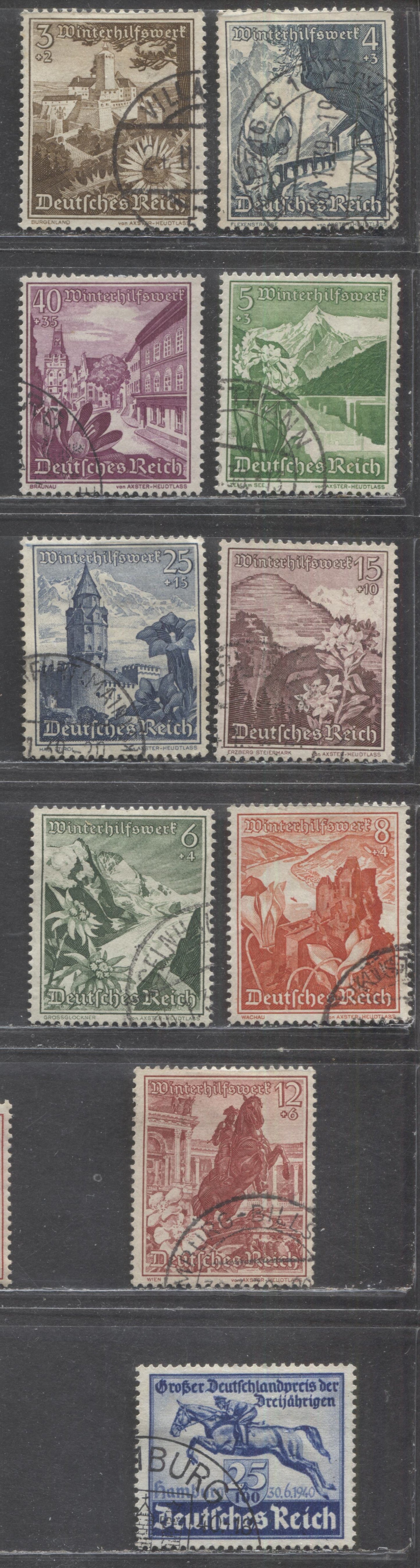 Germany SC#B123/B172 1938 Castle - Blue Ribbon Race Semi Postals, 10 Very Fine Used Singles, Click on Listing to See ALL Pictures, 2022 Scott Classic Cat. $31.55