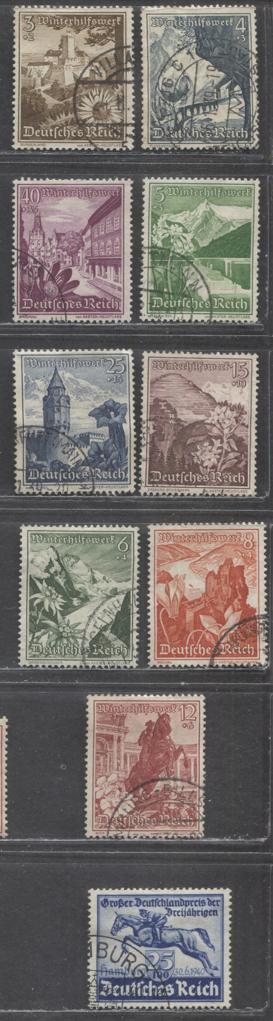 Germany SC#B123/B172 1938 Castle - Blue Ribbon Race Semi Postals, 10 Very Fine Used Singles, Click on Listing to See ALL Pictures, 2022 Scott Classic Cat. $31.55